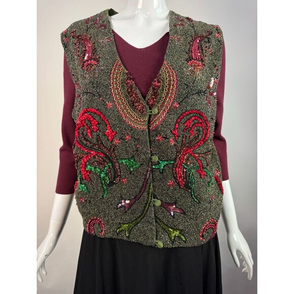 Vintage Other Destinations Hand-Beaded Silk Vest With Floral Embroidery & Rayon - Picture 1 of 16